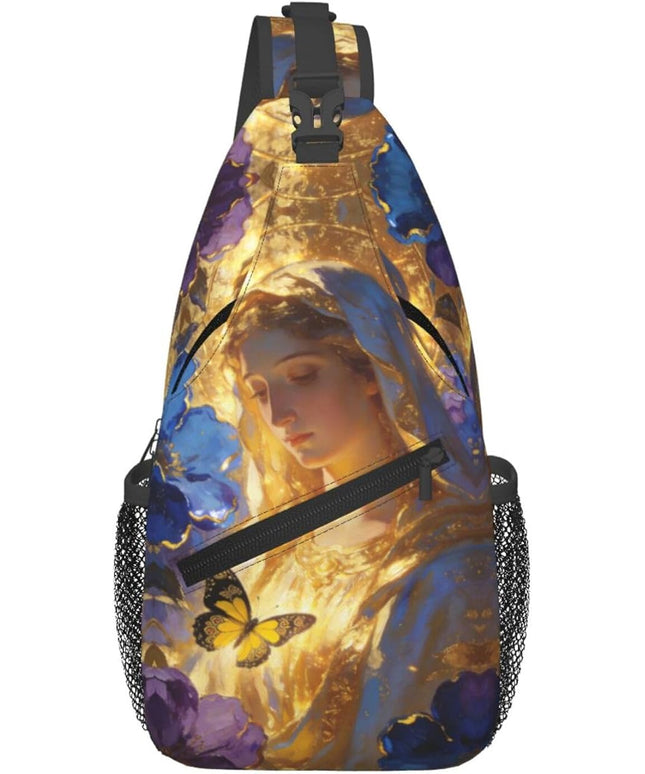 Our Lady of Guadalupe Sling Bag Crossbody Bags Clovers Chest Bag for Travel Hiking for Men Women Golden Mary 5