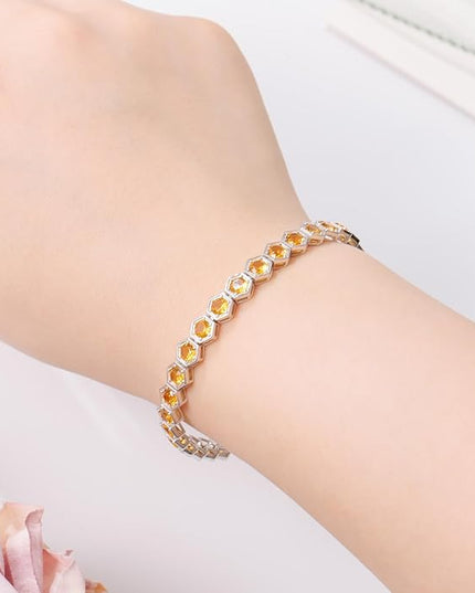 Birthstone Tennis Bracelets for Women Birthday Gifts 925 Sterling Silver Hexagon White Gold Bracelets Round Cut 5A Cubic Zirconia Prong Setting 7 Inch Anniversary Jewelry Gift