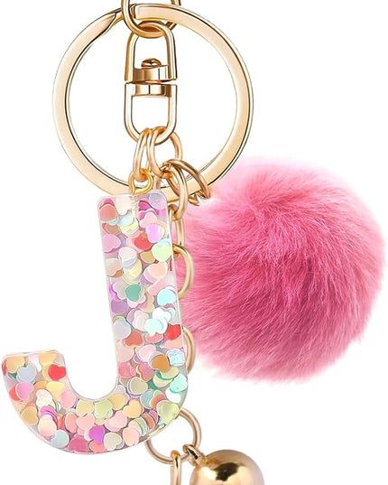 Resin Alphabet Initial Letter Keychain Keyring for Women Purse Handbags With Fur Ball Pom