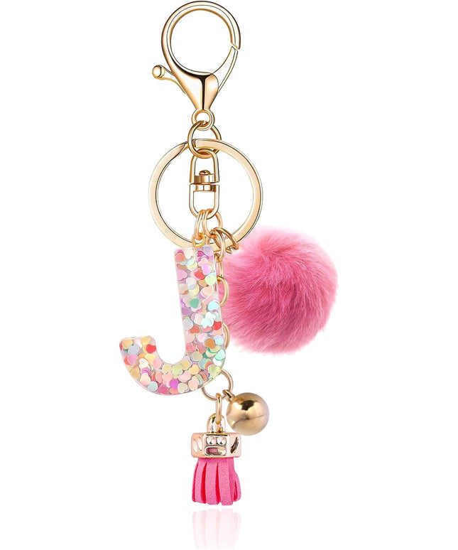 Resin Alphabet Initial Letter Keychain Keyring for Women Purse Handbags With Fur Ball Pom