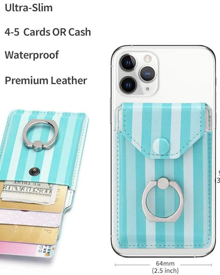 Cell Phone Card Holder RFID Ring Stand Stick on Wallet Card Holder for Back of Phone for iPhone Android and All Smartphones Green Striped