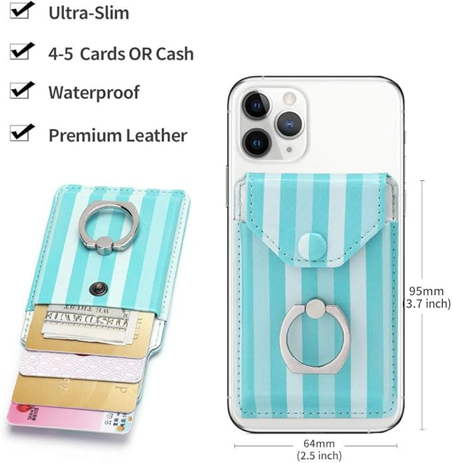 Cell Phone Card Holder RFID Ring Stand Stick on Wallet Card Holder for Back of Phone for iPhone Android and All Smartphones Green Striped