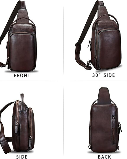 Genuine Leather Sling Bag Retro Crossbody Backpack Handmade Chest Shoulder Hiking Daypack Fanny Purse