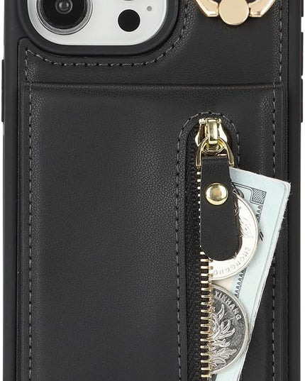 for iPhone 15 Pro Max Wallet Case with Card Holder, for iPhone 15 Pro Max Case Wallet with Strap Credit Card Slot, Crossbody Bag with Zipper Case for iPhone15 Pro Max - Black