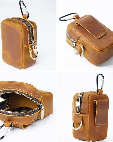 Wugebud 1 Pcs Leather Coin Pouch Keychain, Leather Mini Belt Bag,Coin Organizer, Change Holder, Leather zipper Pouch for Men & Women，Outdoor Running Sports Mini Storage Bag