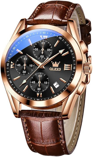 OLEVS Men's Watches Leather Strap Analog Quartz Watch, Fashion Big Dial Date Waterproof Watch, Dress Luxury Luminous Men Watches