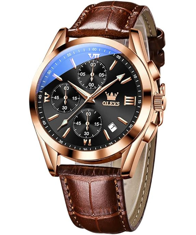 OLEVS Men's Watches Leather Strap Analog Quartz Watch, Fashion Big Dial Date Waterproof Watch, Dress Luxury Luminous Men Watches