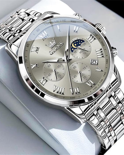 OLEVS Mens Watch Luxury Big Face Stainless Steel Analog Quartz Multifunctional Waterproof Luminous Date Two Tone Fashion Dress Wrist Watches for Man