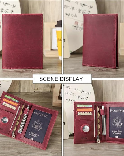 CONTACTS Full Grain Leather Passport Holder RFID Blocking Travel Passport Wallet Compatible with Airtag Passport Cover Case with 4 Cards Slots, Coin Pocket (Wine Red)