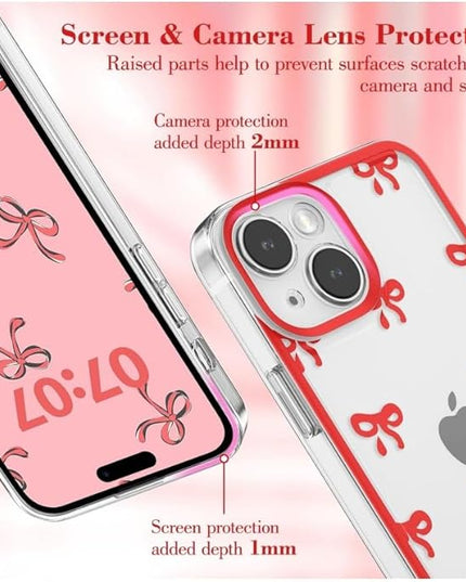 Designed for iPhone Case,Clear Cute Ribbon Bowknot Pattern Aesthetic Transparent Phone Case Raised Camera Protection Stylish Slim Soft Phone Case (Red,iPhone 15 Plus)