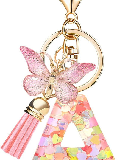 Fashion Alphabet Initial Letter Keychain Tassel Butterfly Pendant Key Ring for Purse Handbags Women Girl