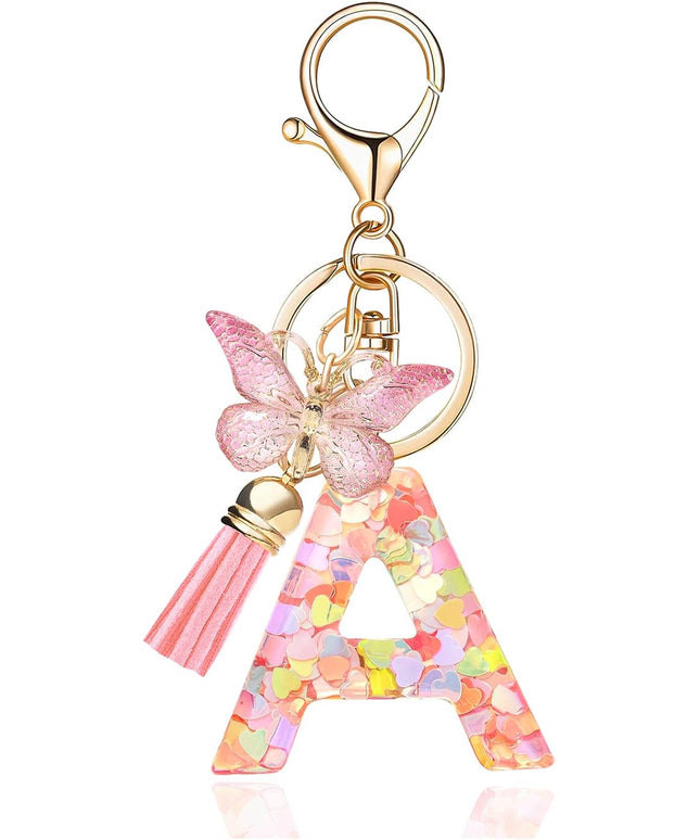 Fashion Alphabet Initial Letter Keychain Tassel Butterfly Pendant Key Ring for Purse Handbags Women Girl