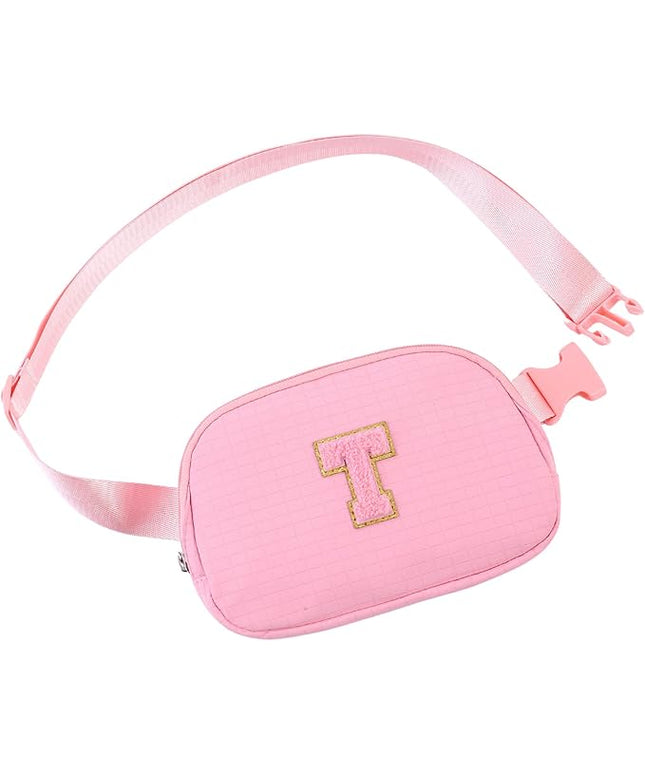Glratn Initial Letter Fanny Pack for Girls,Patch Belt Bag,Toddler Crossbody Bags，Gifts for 3 4 5 6 7 8 9 10 11 12 Year Old Teens Kids,Christmas Graduation Gifts for Teen Girls.(Pink-T)