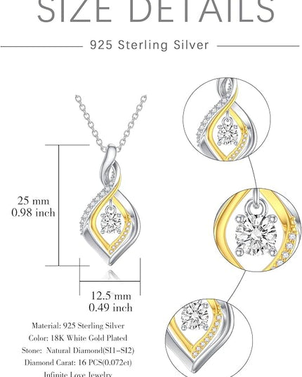 ZBA Natural Diamond Infinity Necklace for Women, 14K White Gold Plated Sterling Silver Diamond Eternal inifnity Pendant Necklaces Jewelry, Birthday Christmas Gifts for Mom Her Wife(Color F-G/Clarity I1-I2)