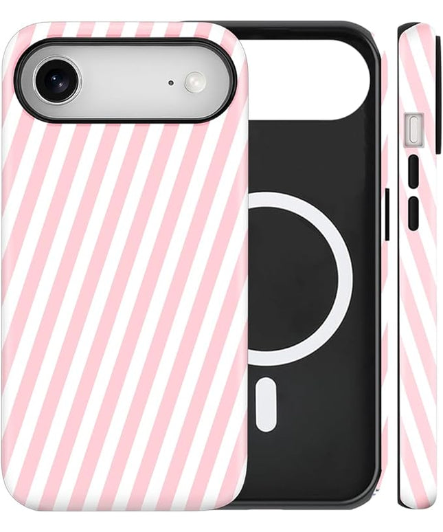 Magnetic for iPhone 17 Air Case Cute Diagonal Stripes Phone Case, Shockproof Slim TPU and Hard PC Protective Phone Cover Compatible with MagSafe Designed for Women Girls,Pink