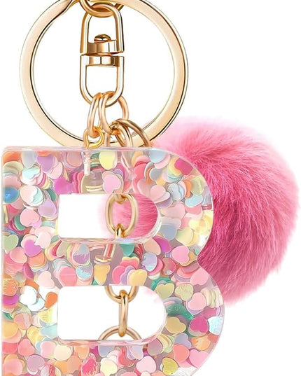 Resin Alphabet Initial Letter Keychain Keyring for Women Purse Handbags With Fur Ball Pom