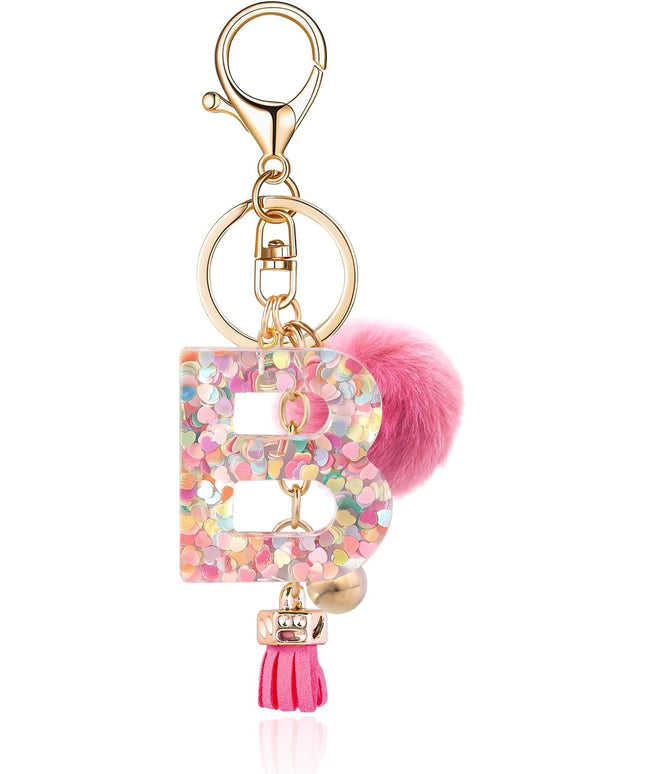 Resin Alphabet Initial Letter Keychain Keyring for Women Purse Handbags With Fur Ball Pom