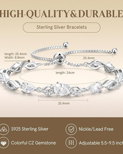 FANCIME Birthstone Teardrop Tennis Bracelet for Women, Sterling Silver 9x7mm main Gemstone Bolo Adjustable Chain Bracelet Fine Jewelry Birthday Gifts for Women Mom Wife Her