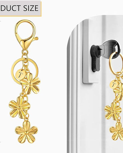 XGALBLA Gold/Silver Initial Keychain Flower Charms for Key Cute Letter Keyring for Purse Handbag Backpack