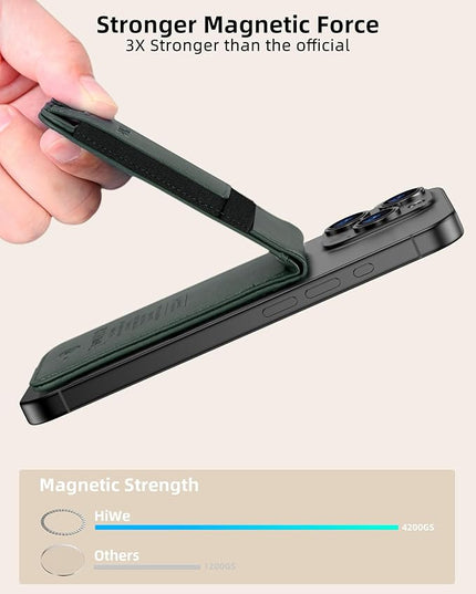 HiWe for MagSafe Wallet Stand with Find My, Anti-Lost Strongest Magnetic Wallet for iPhone 17/16/15/14/13/12 Series, 9 Cards Holder, Leather RFID, Green