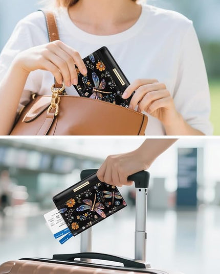 Passport Holder Cover Travel RFID Blocking Passport Cover Rose Gold Cute Flowers Passport Wallet with Elastic Band for Women