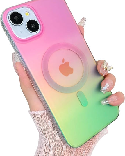 Aesthetic Case for iPhone 14 Plus & iPhone 15 Plus Case for Women Girls, Compatible with Magsafe, Cute Girly Trendy Glitter Sparkly Bling Rainbow Magnetic Phone Cover, Iridescent Pink & Green