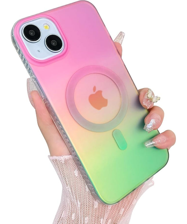 Aesthetic Case for iPhone 13 & 14 Case for Women Girls, Compatible with Magsafe, Cute Girly Trendy Glitter Sparkly Rainbow Magnetic Protective Phone Cover, Matte Iridescent Pink & Green