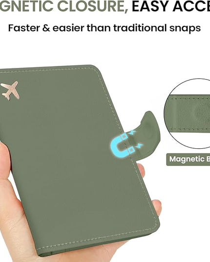 Passport Holder for Travel Essentials, RFID Blocking Leather Cover Wallet with Magnetic Closure, Aesthetic & Cute Passport Book Case for Women and Men - Green
