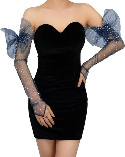 Long Fingerless Lace Gloves with Bow Polka Dot Wedding Bridal Mesh Sheer Gloves Long Opera Party Accessories