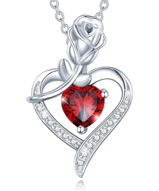 AGVANA Christmas Gifts Rosy Reverie Birthstone Necklace for Women Sterling Silver Genuine or Created Gemstone Rose Flower Heart Pendant Necklace Anniversary Birthday Gifts for Women Mom Wife Her