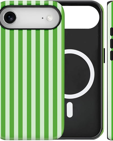 Magnetic for iPhone 17 Air Case Cute Stripes Phone Case, Shockproof Slim TPU and Hard PC Protective Phone Cover Compatible with MagSafe Designed for Women Girls, Deep Green