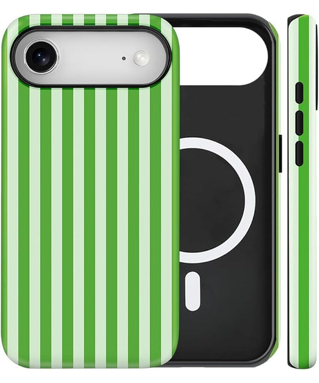 Magnetic for iPhone 17 Air Case Cute Stripes Phone Case, Shockproof Slim TPU and Hard PC Protective Phone Cover Compatible with MagSafe Designed for Women Girls, Deep Green