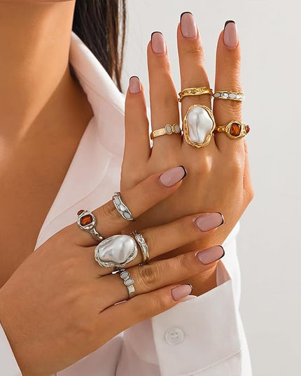 Chunky Gold Rings for Women Non Tarnish Statement Flower Ring Baroque Pearl Stackable Rings Set 6Pcs Chunky Jewelry