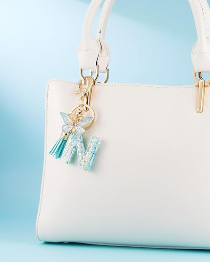 Fashion Alphabet Initial Letter Keychain Tassel Butterfly Pendant Key Ring for Purse Handbags Women Girl