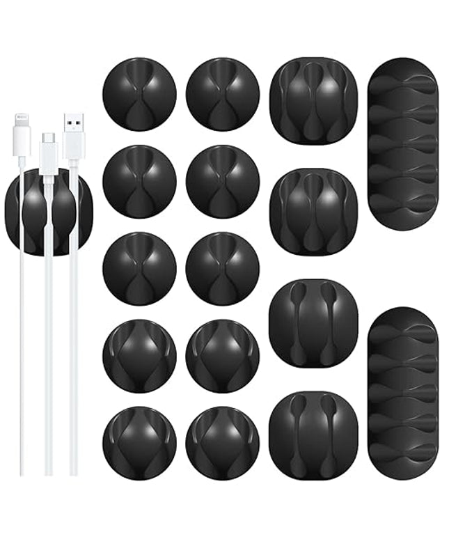 16Pack Black Desk Cable Management,Adjustable Cord Organizer Cable Clips,Cable Organizer for Cords Phone Charger/PC/TV,Ideal Cord Holder for Nightstand/Wall/Desk/Office/Home/Car