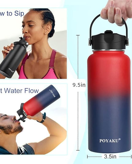 Water Bottle Insulated 32oz 40oz 64oz 128oz Straw Lid Spout Lid & 3 Lids, Leak Proof, Vacuum Insulated,Stainless Steel Water Bottle Wide Mouth for Sports, Gym or Office