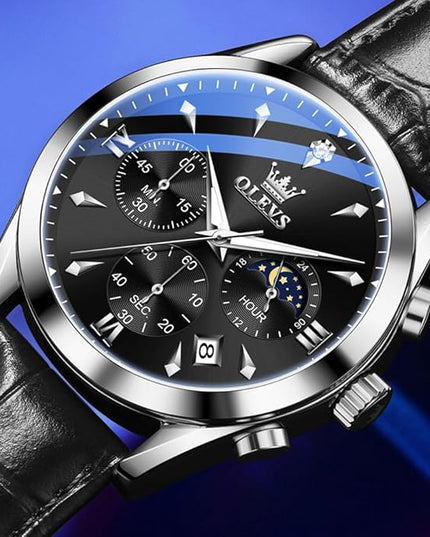 OLEVS Men's Watches Leather Strap Analog Quartz Watch, Fashion Big Dial Date Waterproof Watch, Dress Luxury Luminous Men Watches