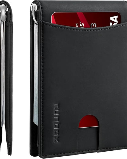 RUNBOX Slim Wallet for Men Genuine Leather RFID Blocking Bifold Minimalist Front Pocket Mens Wallet with Money Clip Thin Gift Box