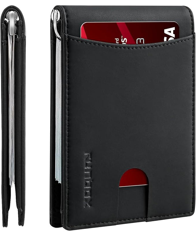 RUNBOX Slim Wallet for Men Genuine Leather RFID Blocking Bifold Minimalist Front Pocket Mens Wallet with Money Clip Thin Gift Box