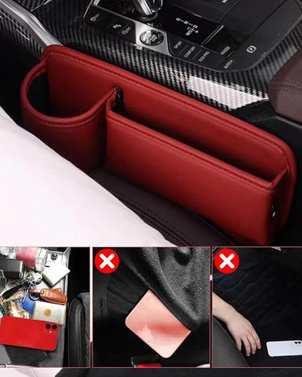 Car Leather Cup Holder Gap Bag,2025 Upgrade Car Storage Box with Cup Holder,Seat Storage Box Gap Filler Organizer for Glasses Phone Keys and Cards (Black, Passenger Seat)
