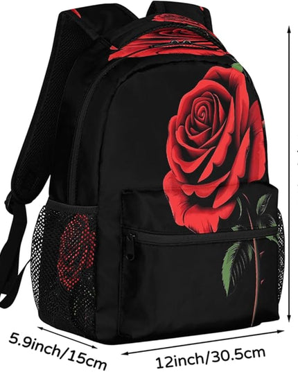 Large Backpack with 15.6 Inch Laptop Compartment, Red Rose Black Adult Backpack for Work, Travel & School College Boys Girls