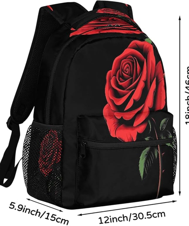 Large Backpack with 15.6 Inch Laptop Compartment, Red Rose Black Adult Backpack for Work, Travel & School College Boys Girls