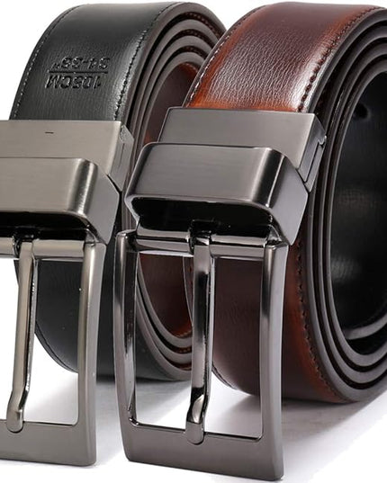 beltox fine Men's Dress Belt Leather Reversible 1.25" Wide Rotated Buckle Gift Box