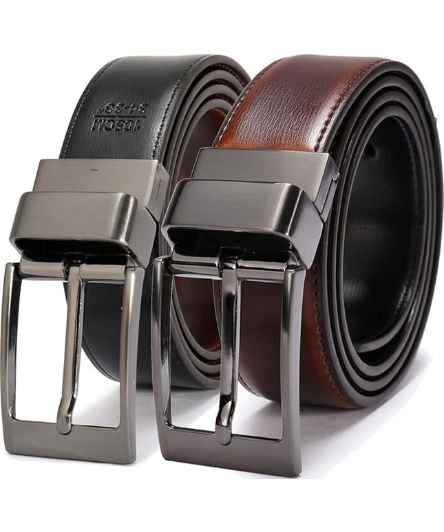 beltox fine Men's Dress Belt Leather Reversible 1.25" Wide Rotated Buckle Gift Box