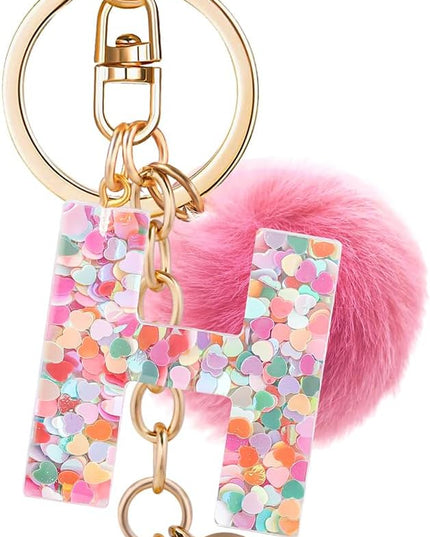 Resin Alphabet Initial Letter Keychain Keyring for Women Purse Handbags With Fur Ball Pom