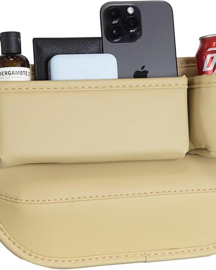 Car Seat Gap Filler Organizer with Cup Holders, Seat Gap Storage Box for Drinks, Phones, Keys, Sunglasses, Cards, and Small Essentials (Beige, Driver's Seat)