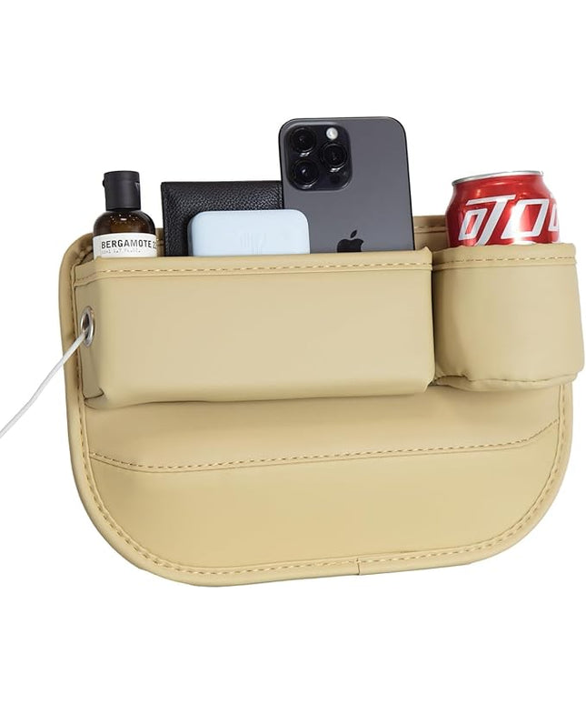 Car Seat Gap Filler Organizer with Cup Holders, Seat Gap Storage Box for Drinks, Phones, Keys, Sunglasses, Cards, and Small Essentials (Beige, Passenger Seat)