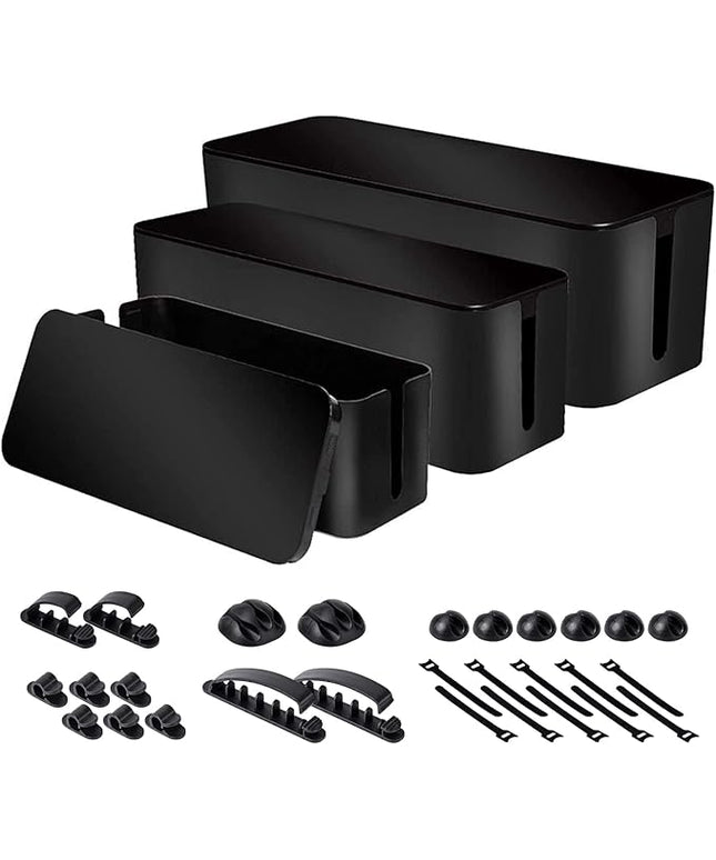 Cable Organizer Box Set of Three, Power Cover Cord Holder Surge Protector for Desk (Black)