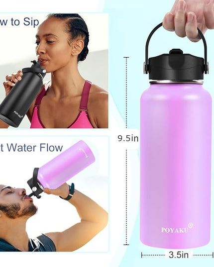 Water Bottle Insulated 32oz 40oz 64oz 128oz Straw Lid Spout Lid & 3 Lids, Leak Proof, Vacuum Insulated,Stainless Steel Water Bottle Wide Mouth for Sports, Gym or Office