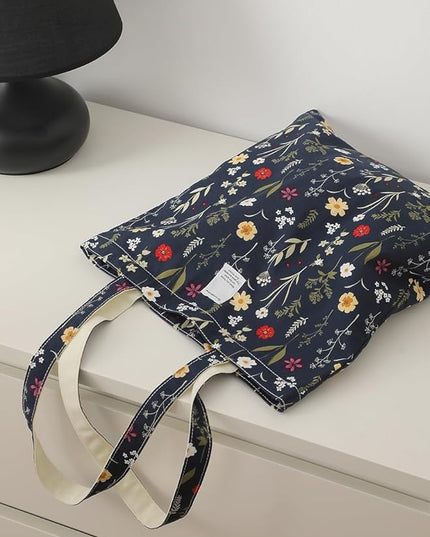 Floral Cotton Canvas Tote Bag for Women: 14x15 Inches Reusable Grocery Bag for Work, School, Travel, Gym